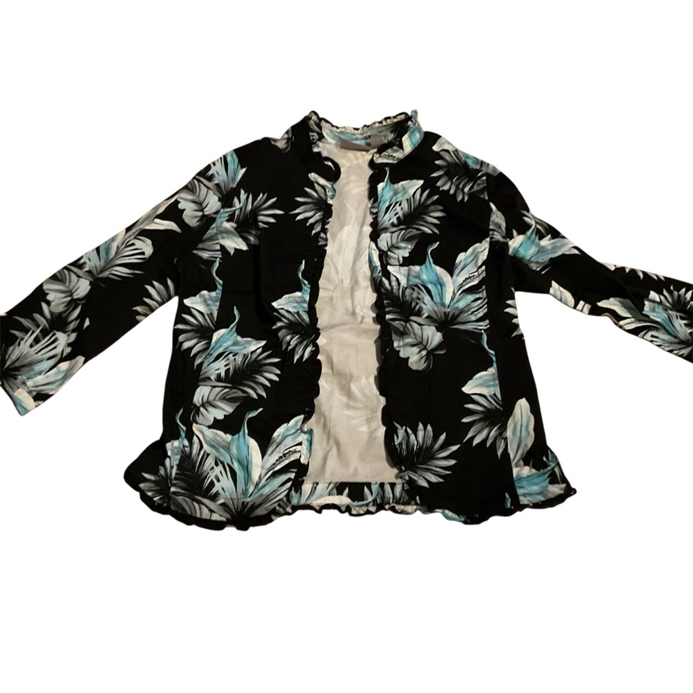 Chico's Black‎ and Blue Floral ruffle jacket